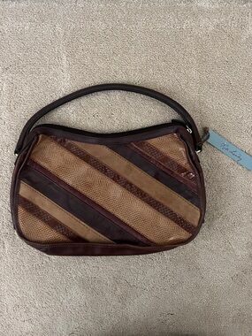 Striped Brown Mixed-Material (Suede-Leather) Shoulder Bag